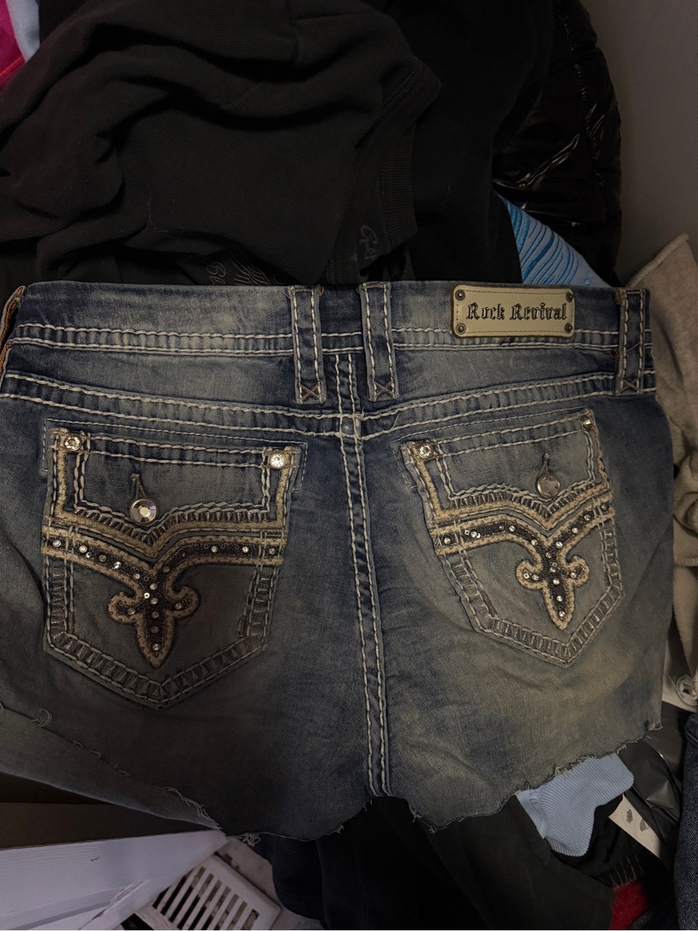 Rock Revival Faded Blue Denim Shorts with Embellished Pockets